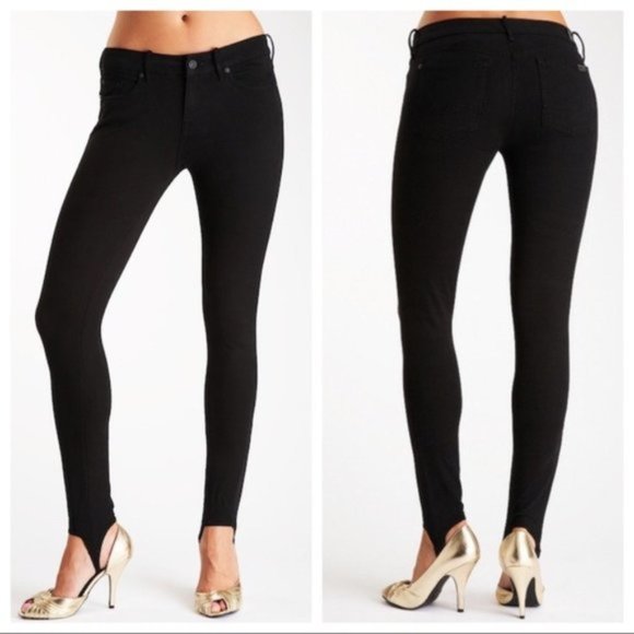 7 For All Mankind Solid Black Stirrup Foot Mid Rise Waist Skinny Jeans Size 26 - Picture 1 of 8